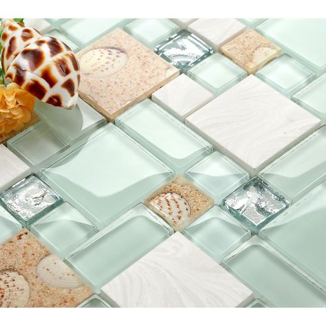 TST Green Lake Glass Tile Beach Style ... Glass Tiles Kitchen, Glass Tile Backsplash Kitchen, Stone Mosaic Wall, Shell Tiles, Shells And Sand, Beach House Kitchens, Beach Kitchens, Stone Mosaic Tile, Bedroom Minimalist