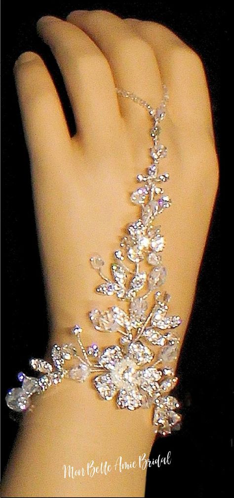 Hand-twisted rhinestone flowers and leaves, accented with floating crystals and rhinestones.  The Silver is available in all crystals or with crystals and pearls.  The gold is just crystals. Silver Hand Accessories, Something Blue Wedding Jewelry, Prom Assessories Ideas, Formal Accessories Jewelry, Fairytale Wedding Jewelry, Enchanted Forest Jewelry, Silver Prom Accessories, Prom Assessories, Prom Accessories Ideas