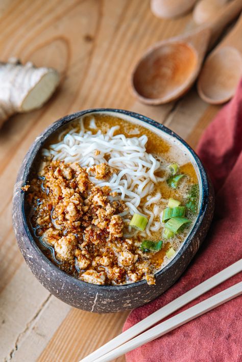 Vegan Tantanmen with Red Miso - Chef Kate F Vegan Aesthetic Food, Vegan Tantanmen, Coconut Ramen, Asian Tofu, Japanese Noodle Dish, Japanese Vegan, Miso Recipe, Miso Broth, Vegan Japanese