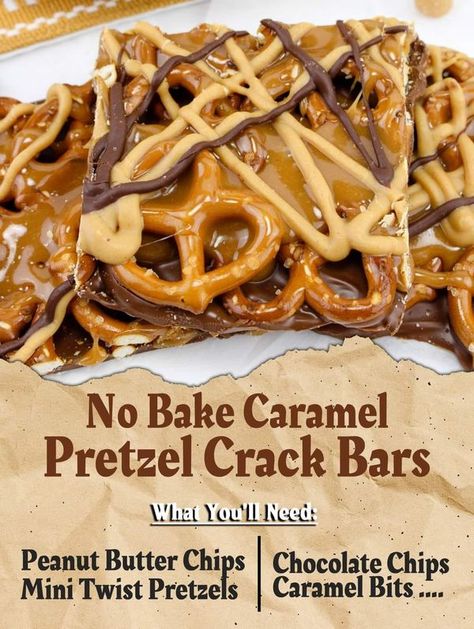 Easy family recipes | No Bake Caramel Pretzel Crack Bars | Facebook Kraft Caramel Bits, Baked Caramel, Caramel Bits, Caramel Pretzels, Reeses Peanut Butter Cups, Melting Chocolate Chips, Reeses Peanut Butter, Peanut Butter Chips, Incredible Recipes