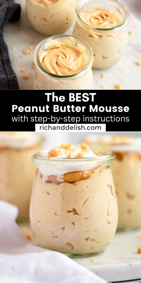 This delicious peanut butter mousse has a rich, creamy mousse texture with the irresistible flavor of peanut butter. Peanut Butter Mascarpone Filling, Peanut Butter Mouse Cake, Peanut Butter Mouse Cake Filling, Marscapone Mousse Recipes, Peanut Butter And Cream Cheese Recipes, Easy Mousse Recipes, Cream Cheese Mousse Filling, Mousse Ideas, Whipped Desserts