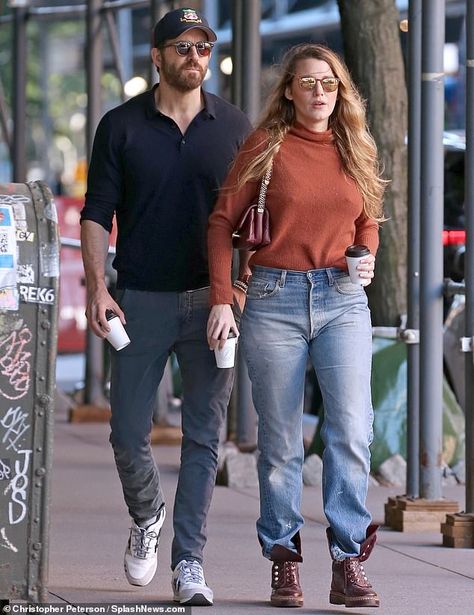 Blake Lively snuggles up to husband Ryan Reynolds while they joke around on a New York City sidewalk after getting takeout coffee | Daily Mail Online Blake Lively Body, Ryan Reynolds Style, Blake Lively Street Style, Takeout Coffee, Ryan Reynolds And Blake Lively, City Sidewalk, Blake Lively Ryan Reynolds, Blake Lively Style, New York Outfit