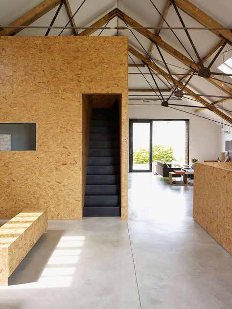 Chipboard Interior, Black Painted Stairs, Osb Furniture, Interior Ceiling, Plywood Interior, Interiors Photography, Warehouse Design, Store Design Boutique, Painted Stairs