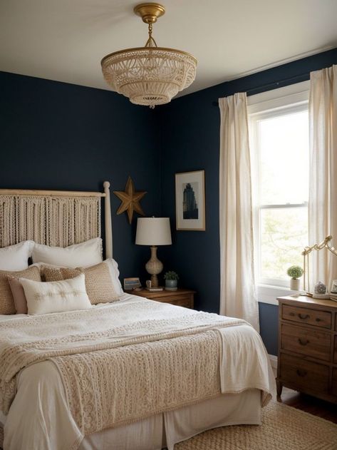 Add a touch of sophistication to a teen girls bedroom with a navy blue accent wall. Complete the look with a chic white desk, a plush blush-colored rug, and gold-accented decor for a stylish and modern space. Embrace a bohemian vibe in the bedroom with a macrame hanging chair and a dreamy canopy bed. Pair it with a distressed wooden dresser and earth-toned bedding for a cozy and eclectic retreat. Blue Teen Bedrooms, Navy Blue Accent Wall, Blue Teen Girl Bedroom, Blue Accent Wall, Teen Girls Bedroom, Navy Bedrooms, Macrame Hanging Chair, Blue Accent Walls, White Desk