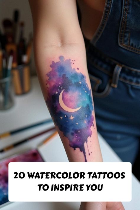 20 Watercolor Tattoos to Inspire You Aurora Borealis Tattoo, Galaxy Tattoos, Watercolor Galaxy Tattoo, Galaxy Watercolor, Unique Wrist Tattoos, Trending Tattoo, Galaxy Tattoo, Watercolor Tattoos, Ink Inspiration