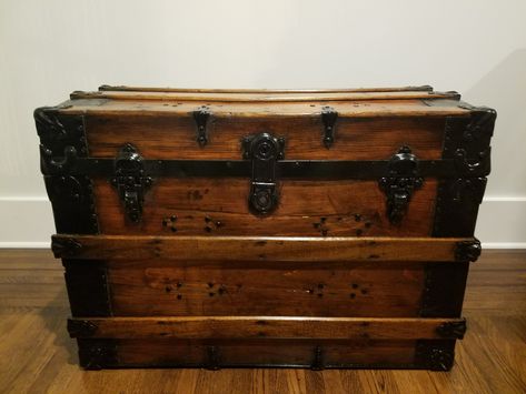 Steamer Trunk Makeover, Antique Trunk Restoration, Trunk Restoration, Trunk Makeover, Vintage Steamer Trunk, Antique Trunks, Antique Steamer Trunk, Stripping Furniture, Metal Trunks