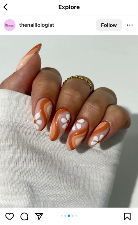 Flower Nail Designs Orange, Nail Ideas Burnt Orange, Nail Art Designs Atum, Orange Groovy Nails, Orange And Sage Nails, 70s Inspired Nails Short, Gel Nail Swirl Designs, Two Groovy Nails, Bohemian Wedding Nails