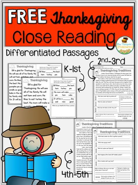 Free Thanksgiving Close Reading K-5   This free download has a variety of reading comprehension passages so you can find something for everyone in your K-5 classrooms! These passages help students with fluency comprehension and finding evidence to prove their answers!Get the download HERE!  2-3 3-5 Close Reading free k-1 Mrs. Thompson's Treasures reading comprehension text evidence Thanksgiving November Homeschool, Thanksgiving Reading Comprehension, Homeschool Units, Reading Comprehension Texts, Thanksgiving Readings, Reading Tools, Fall Worksheets, Thanksgiving School, Thanksgiving Classroom