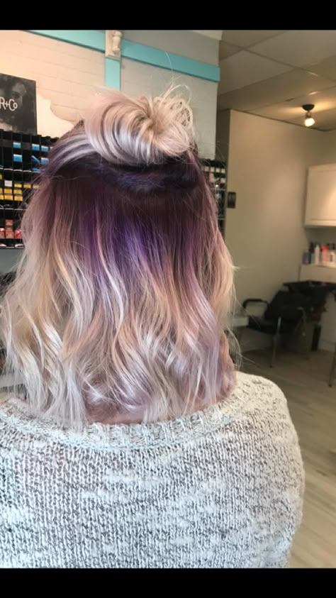 Ashy Blonde With Purple, Purple And Blonde Ombre Hair, Plum Blonde Balayage, Grey Purple Blonde Hair, Purple And Blonde Balayage, Purple And Blonde Short Hair, Platinum Blonde Hair With Purple Streaks, Blonde Balayage With Purple Peekaboos, Purple Blonde Balayage