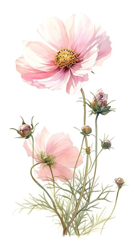 Wild Cosmos Flower, Cosmos Flower Illustration, Cosmo Watercolor, Watercolor Cosmos, Flower Cosmos, Cosmo Flower, Snowdrop Flower, Floral Cards Design, Watercolor Flowers Tutorial