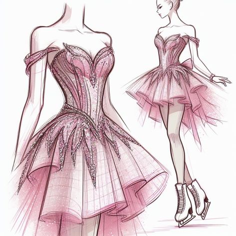 Pink Skating Dress, Back Design For Dress, Figure Skating Dresses Pink, Prom Dresses Drawing, Pink Dress Sketch, Princess Dress Sketch, Princess Dress Drawing Sketches, Skirt Design Drawing, Skirts Sketches