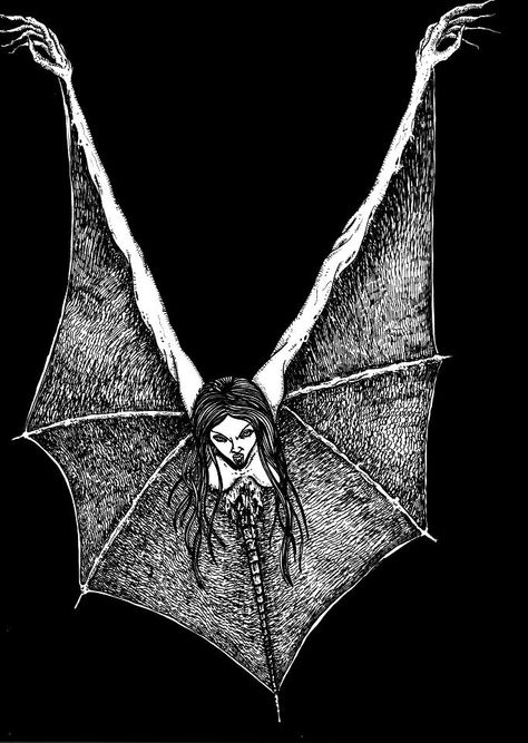 Manananggal Philippine Mythology, Art App, Bat Costume, World Mythology, Stippling Art, Bat Art, Arte Peculiar, Creepy Tattoos, Goth Look