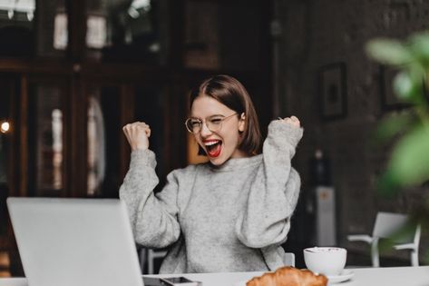 Happy woman in glasses makes winning ges... | Free Photo #Freepik #freephoto #coffee #city #computer #phone Women Laughing, Happy Students, Personal Branding Photoshoot, Career Woman, Branding Photoshoot, Confident Woman, Working Woman, Happy Women, Womens Glasses