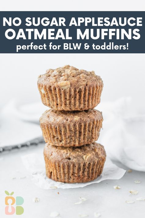 These healthy applesauce oatmeal muffins with no added sugar are the perfect breakfast or snack for baby led weaning and toddlers. They're tender, lightly sweet and easy to make with just one bowl and a few wholesome ingredients. No Sugar Muffins For Baby, Mini Applesauce Muffins, Apple Sauce Muffins For Baby, Toddler Applesauce Muffins, Veggie Muffins For Baby, Applesauce Baking Recipes, Baby Friendly Muffins, Baby Muffins No Sugar, Oatmeal Toddler Recipes