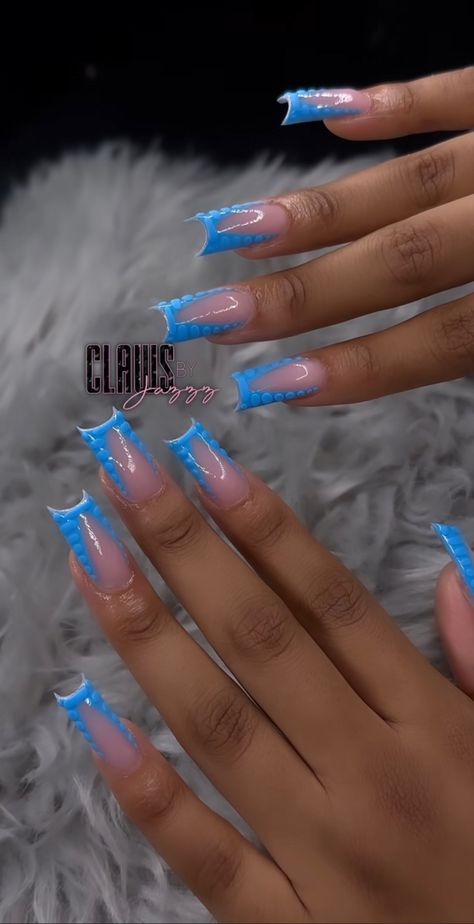 Nail Inspo Blue And Purple, Blue Acrylics Nails, Blue French Tip Nails Medium, Simple Color Nails Acrylic, Nails Acrylic Purple Design, Simple Nail Acrylic Designs, Torquise Nails French Tip, Blue Short Acrylics, Cute Nails Acrylic Square