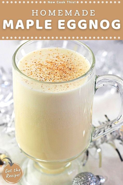 This easy homemade eggnog is deliciously smooth, lightly thick and creamy with a hint of nutmeg, and sweetened with pure maple syrup. And it's cooked, so there's no raw eggs to worry about. Serve it as-is for a delicious non-alcoholic eggnog, or add your favorite spirit (such as rum, whiskey, bourbon, or brandy) to make a spiked eggnog. Either way, it's the perfect holiday drink! Get the recipe and give it a try! Egg Nog Non Alcoholic, Light Eggnog Recipe, Homemade Egg Nog Recipe, Egg Nog Recipe Homemade, Egg Nog With Oatmilk, Homemade Eggnog Easy, Eggnog Recipe With Alcohol, Homemade Eggnog Non Alcoholic, Homemade Egg Nog