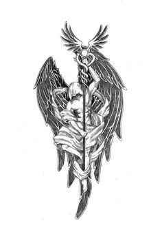 Archangel Raphael - Gabe would have this tattoo on his left shoulder blade. Rafi would have a mirror image on his right shoulder, identical to Gabe's tattoo, but a long trumpet instead of a staff, representing the Archangel Gabriel. (Ironic that the Deafie who doesn't speak has the trumpet.) When they stand together, shoulder to shoulder, the two angels face each other. Angel Raphael Tattoo, Archangel Raphael Tattoo, Raphael Tattoo, Medical Tattoo Nurse, Angel Warrior Tattoo, Archangel Michael Tattoo, St Michael Tattoo, St Raphael Archangel, Raphael Angel