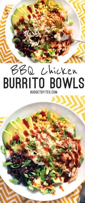 BBQ Chicken Burrito Bowls are an easy, customizable lunch option that is great both hot or cold! BudgetBytes.com Burrito Bowl Meal Prep, Chicken Burrito Bowls, Burrito Bowls Recipe, Chicken Burrito, Budget Bytes, Chicken Burrito Bowl, Burrito Bowls, Chicken Burritos, Lunch Bowl