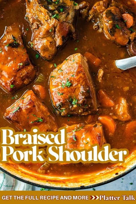 This braised pork shoulder recipe has it all. High flavor, low cost, and slow-cooked in the oven. This savory Boston butt dinner will feed your family and guests for just a couple of dollars per serving. It is loaded with savory flavors and vegetables and perfect for Sunday dinner or weeknight meals. | how to make braised pork | braised pork shoulder recipes | pork shoulder roast in oven | braised pork recipes | pork dinner recipes oven | how to make braised pork | pork dinner meals Pork Shoulder In Dutch Oven, Dutch Oven Pork Roast Recipes, Pork Shoulder Crockpot Recipes, Crockpot Pork Shoulder Recipes, Pork Shoulder Ribs Recipes, Boneless Pork Shoulder Recipes, Pork Shoulder Roast In Oven, Dinner Recipes Oven, Pork Shoulder Recipes Oven