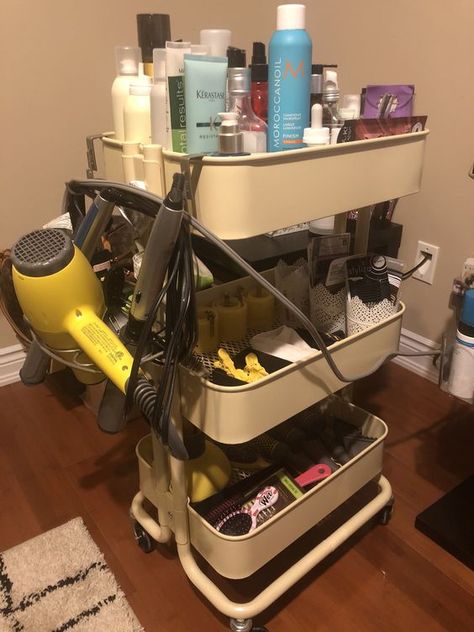 Corner Hair Styling Station, Hair Station At Home, Hair Braider Room Ideas, Ikea Salon Station Ideas, Hairstylist Organization, Hair Station Ideas, Salon Station Organization, Hair Room At Home, Hair Salon Station Ideas