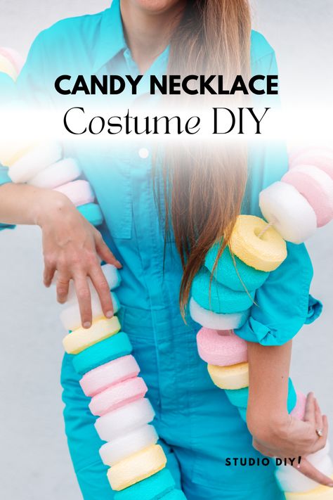 If you want a costume you can throw on as easily as a feather boa around your neck, this DIY costume is for you! Try this DIY candy necklace costume!!! Candy Land Homecoming, Candy Halloween Costume Diy, Diy Candy Necklace, Candy Land Halloween, Easy Diy Party Decorations, Candy Land Costumes, Jawbreaker Candy, Candy Halloween Costumes, Tooth Costume