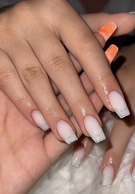 Short Milky Nails Design, Short Nails Ideas Milky White, Nails White Prom, Milky White Nails Silver Glitter, Short White Graduation Nails, Milky White Nails With Rhinestones On Ring Finger, White Nails Inspiration Short, White Milky Nails With Glitter, Milky White Nails Acrylic With Diamonds