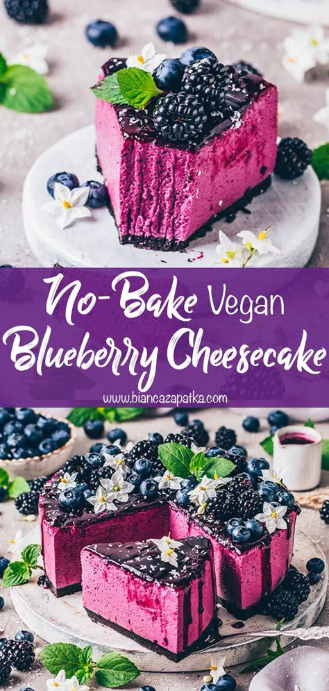 This delicious vegan no-bake blueberry cheesecake recipe is quick, easy, and simple to make, yet still deliciously cool, perfectly sweet, creamy, and refreshing - it’s the perfect summer dessert that is sure to impress everyone! #cheesecake #vegancheesecake #blueberry #berries #veganrecipe #baking #nobakecheesecake #dessert #food #blueberries #foodphotography | biancazapatka.com Cheesecake Blueberry, Vegan No Bake, Blueberry Cheesecake Recipe, No Bake Blueberry Cheesecake, Cheesecake Vegan, Coconut Cheesecake, Dairy Free Cream, Raw Cake, Berry Cheesecake