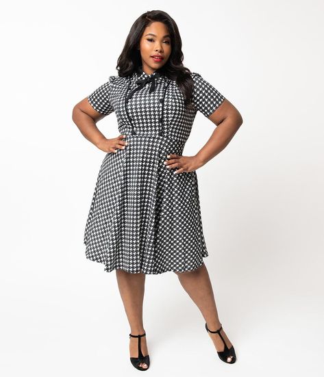 1940s Dresses | 40s Dress, Swing Dress Plus Size 1940S Style Black White Houndstooth Button Swing Dress $43.00 AT vintagedancer.com Plus Size 1940’s, Summer Pinup Polka Dot Dress, Summer Polka Dot Pinup Dress, Plus Size Retro Dresses, 1950s Style A-line Polka Dot Dress, Spring Rockabilly A-line Vintage Dress, Dresses For Apple Shape, Dresses 40s, 40s Dress