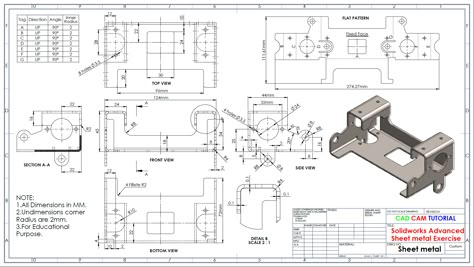 Advanced Sheet metal Exercise in SolidWorks Sheet Metal Bending Design, Solidworks Sheet Metal Drawings, Sheet Metal Design, Sheet Metal Drawing, Metal Sheet Design, Solidworks Tutorial, Metal Drawing, Solid Works, Autodesk Inventor