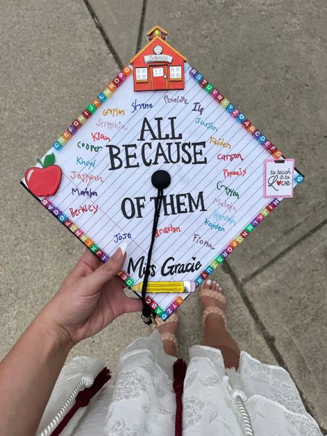 All Thanks To Them Grad Cap, Early Childhood Education College Student, Student Teaching Cap, Teaching Credential Grad Cap, High School Grad Cap Ideas For Future Teachers, Grad Caps For Education Majors, Kid Graduation Cap Ideas, Graduation Cap Decoration Teacher Education Major, Early Childhood Education Caps Graduation