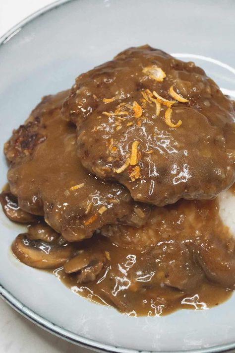 Burger Steak Recipe - Recipes by Nora Burger Steak Recipe Jollibee, Eggplant Stir Fry, Steamed White Rice, Best Beef Recipes, Hamburger Steak, Cremini Mushrooms, Hamburger Patties, Salisbury Steak, Beef Patty