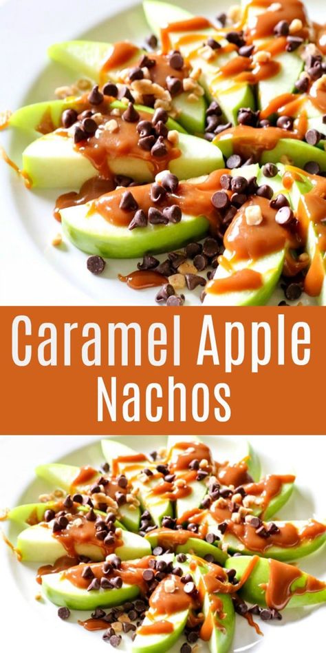 This Caramel Apple Nachos Recipe Is A Quick & Easy Dessert Recipe everyone will love!  Slice Green Apples,  Drizzle In Caramel And Top With Chocolate Chips And Toffee Bits – It Tastes Just Like A Caramel Apple, But Much Easier to Make In NO Time! Caramel Apple Nachos, Apple Nachos Recipe, Dessert Nachos, Apple Nachos, Caramel Apples Easy, Dessert Oreo, Easy Dessert Recipes Quick, Easy Dessert Recipe, Quick Easy Desserts