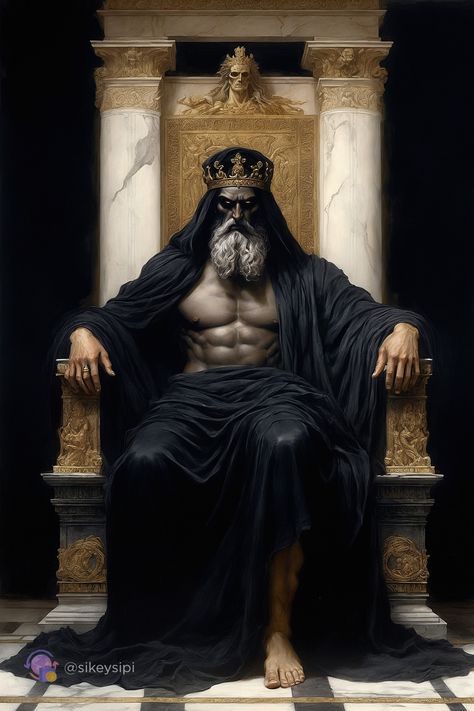 Sitting on the throne surrounded by skulls and reliefs, Hades bridges the worlds of the living and the underworld. His black robes symbolize the border between light and darkness, while his stern gaze signifies control over souls. This image was generated using Stable Diffusion. #KingdomOfHades #WorldOfTheDead #LightAndDarkness King Sitting On Throne Pose, Hades Throne, Persephone Halloween, Throne Pose, Brad Pitt Shirtless, Hades Underworld, Sitting On Throne, Greek Underworld, Hades Art