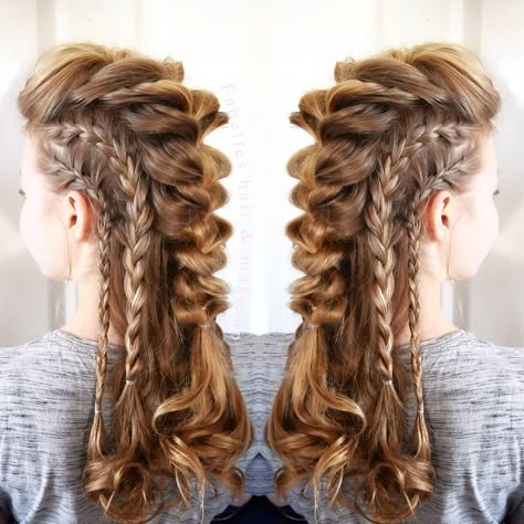 susan moore on Instagram: “Would you rock this look?  Hair by me. Model @lilmodraw  #braids #fauxmo #fauxmohawk #mohawkbraids #hairstyling #hairup #braidedhair…” Viking Braids Female Long Hair, Viking Braids Female, Braids Female, Vikings Hairstyles, Viking Braids Hairstyles, Hair Ideas Braids, Fantasy Hairstyles, Female Viking, Faux Braids