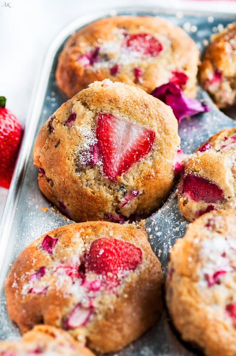 Easy Strawberry Rhubarb Muffins - Aberdeen's Kitchen Strawberry Rhubarb Muffins, Strawberry Rhubarb Recipes, Rhubarb Muffins, Jumbo Muffins, Strawberry Bread, Strawberry Muffins, Cookies Bars, Sour Cream Recipes, Rhubarb Recipes