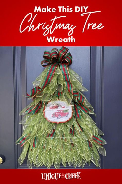 Christmas Tree Wreath Diy, Triangle Wreath, All Things Red, Diy Wreath Making, Mesh Christmas Tree, Ribbon Wreath Diy, Wreath Kits, Unique In The Creek, Christmas Wreath Decor