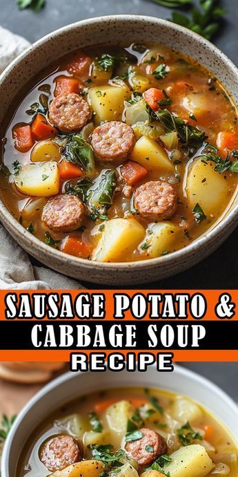 🍲 Sausage, Potato & Cabbage Soup – a hearty, flavorful, and comforting dish perfect for cozy nights! This one-pot recipe is loaded with savory sausage, tender potatoes, and fresh cabbage, making it the ideal soup for family dinners or meal prep. Try it today and enjoy the perfect blend of hearty ingredients in every bite! 👩‍🍳 📌 Save this Pin for later! #SausagePotatoSoup #CabbageSoupRecipe #ComfortFood #HeartySoup Potato Sausage Cabbage Soup, Soups With Cabbage And Sausage, Crockpot Cabbage Sausage And Potatoes, Soups With Cabbage In Them, Potato Cabbage Sausage, Sausage Potato Cabbage Crockpot, Cabbage Sausage And Potato Soup, Cabbage Sausage Potatoes Soup, Cabbage Soup With Kielbasa