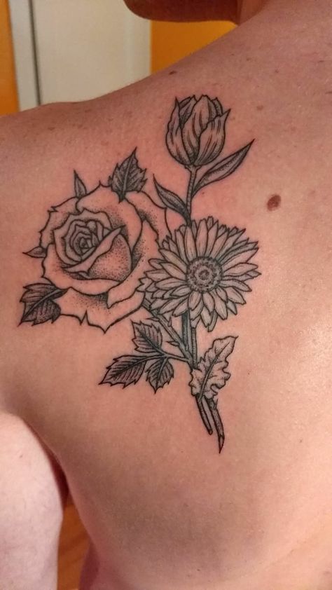 rose, gerber daisy, and tulip tattoo Sunflower Rose Tulip Tattoo, Tulip Rose Daisy Tattoo, Tulip Rose Tattoo, Tulip And Rose Tattoo, Rose And Daisy Tattoo, Daisy And Rose Tattoo, Gardenia Tattoo, Flower Bouquet Tattoo, Tulip Drawing