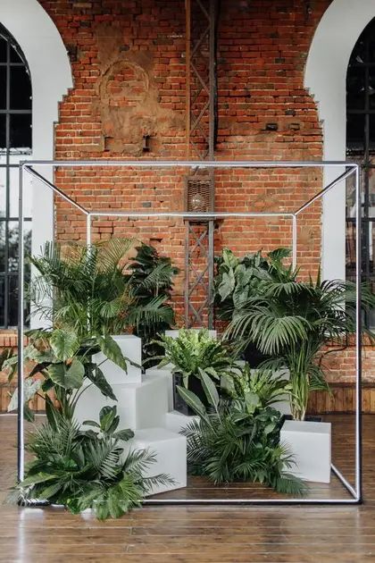 Installation + Sculptural — Are.na Indoor Jungle Wedding, Green Backdrop Ideas, Floral Stage Design, Tropical Backdrop Ideas, Tropical Green Wedding, Tropical Table Setting, Tropic Wedding, Green Wedding Ceremony, Tropical Backdrop