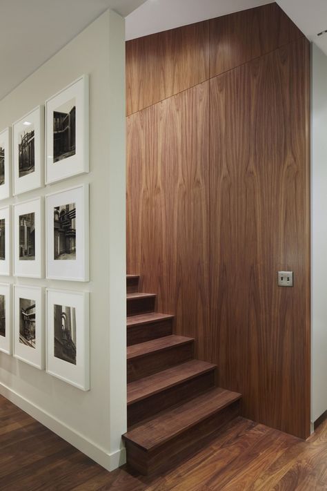 Enclosed Staircase Ideas, Enclosed Staircase, Tribeca Apartment, Stairwell Wall, Staircase Interior Design, Stair Wall, Staircase Wall, Walnut Floors, Apartment Renovation