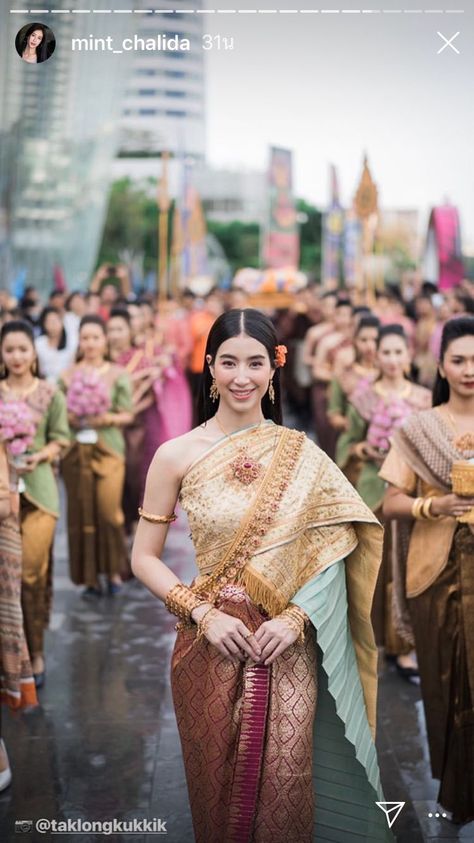 Mint Chalida  Credit taklongkukkik  Thai traditional  Songkran festival, Thai New Year Magic Outfits, Mint Chalida, Thai New Year, Thailand Costume, Khmer New Year, Thai Silk Dresses, Traditional Thai Clothing, Thai Costume, Songkran Festival