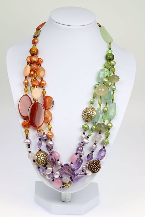 Amethyst Beaded Necklace, Prehnite Jewelry, Statement Jewelry Necklace, Multi Strand Beaded Necklace, Carnelian Necklace, Long Beaded Necklace, Amber Beads, Handcrafted Necklace, Unique Handmade Jewelry