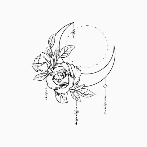 Crescent Moon Rose Tattoo, Flower Crescent Moon Tattoo, Cresent Moon Tattoos For Women, Crescent Moon Tattoo With Flowers, Moon With Roses Tattoo, Floral Moon Tattoo Designs, Crescent Moon Tattoo With Stars, Moon Crystal Tattoo, Floral Crescent Moon Tattoo