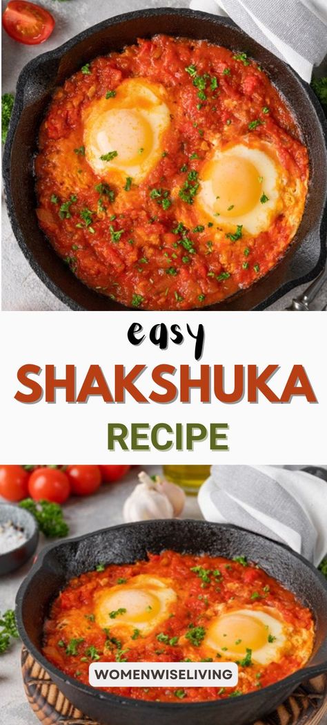 A Pinterest pin featuring a skillet of authentic Shakshuka, an easy one-pan breakfast full of flavor and nutrition. Perfect for a healthy start to your day. #Shakshuka #EasyBreakfast #HealthyRecipes Easy Shakshuka Recipe, Shakshuka Recipe, Shakshuka Recipes, Easy Mediterranean Diet Recipes, Meatless Main Dishes, Tasty Breakfast, Indian Breakfast, Mediterranean Diet Recipes, Tomato Recipes