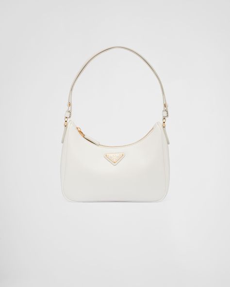 White Luxury Purse, White Prada Shoulder Bag, Cute Prada Bags, White Prada Bag Outfit, Prada White Bag, White Luxury Bag, Small Prada Bag, Prada Saffiano Re Edition, White Prada Bag