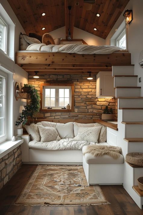 Cabin Loft Ideas, Tiny Home Living Room, Tiny Home Interior, Tiny Cabins Interiors, Mini Chalet, Cottage Tiny House, Small Tiny House, Tiny House Loft, Tiny House Layout