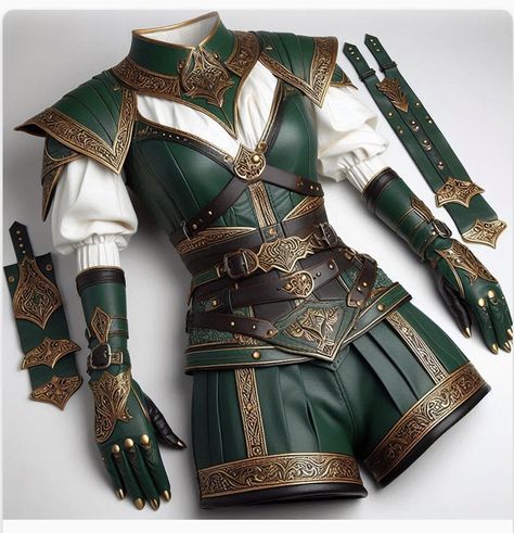 Druid Outfits Female, Elven Outfits Female, Dragon Outfit Aesthetic, Druid Outfit Design, Dragon Armor Female, Floral Armor, Green Leather Armor, Fashion Armor, Elven Fashion