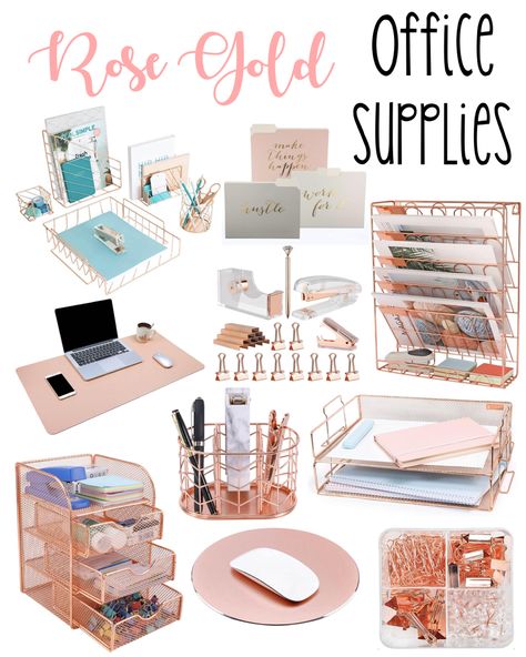 Office organization, dorm room, pink office, rose gold desk accessories Rose Gold Bedroom Decor, Room Decor Bedroom Rose Gold, Gold Office Accessories, Rose Gold Room Decor, Gold Office Supplies, Rose Gold Rooms, Rose Gold Office, Rose Gold Bedroom, Teenage Room Decor