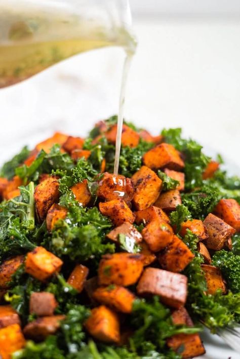 Sweet Potato Kale Salad, Potato Kale Salad, Sautéed Kale, Sweet Potato Kale, Sauteed Kale, Vegan Side Dishes, Fruit Salsa, Vegan Sides, Salad With Sweet Potato