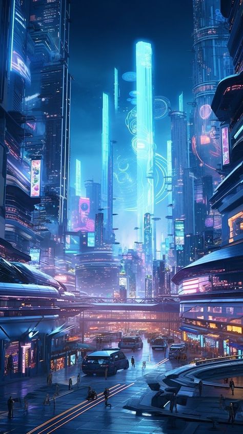 Sci Fi City Landscape, Underground Cyberpunk City, Scifi City Aesthetic, Solarpunk City At Night, Future City Aesthetic, Sci Fi City Concept Art, Sci Fi City Futuristic Architecture, Cyberpunk Club, Futuristic City Utopia